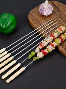 10入組不銹鋼燒烤木柄烤肉針，商用烤肉針適用於羊肉和其他肉類，BBQ燒烤工具，野餐，露營，花園，庭院，戶外，花園裝飾，戶外裝飾。 - 銀色 - 查看 1