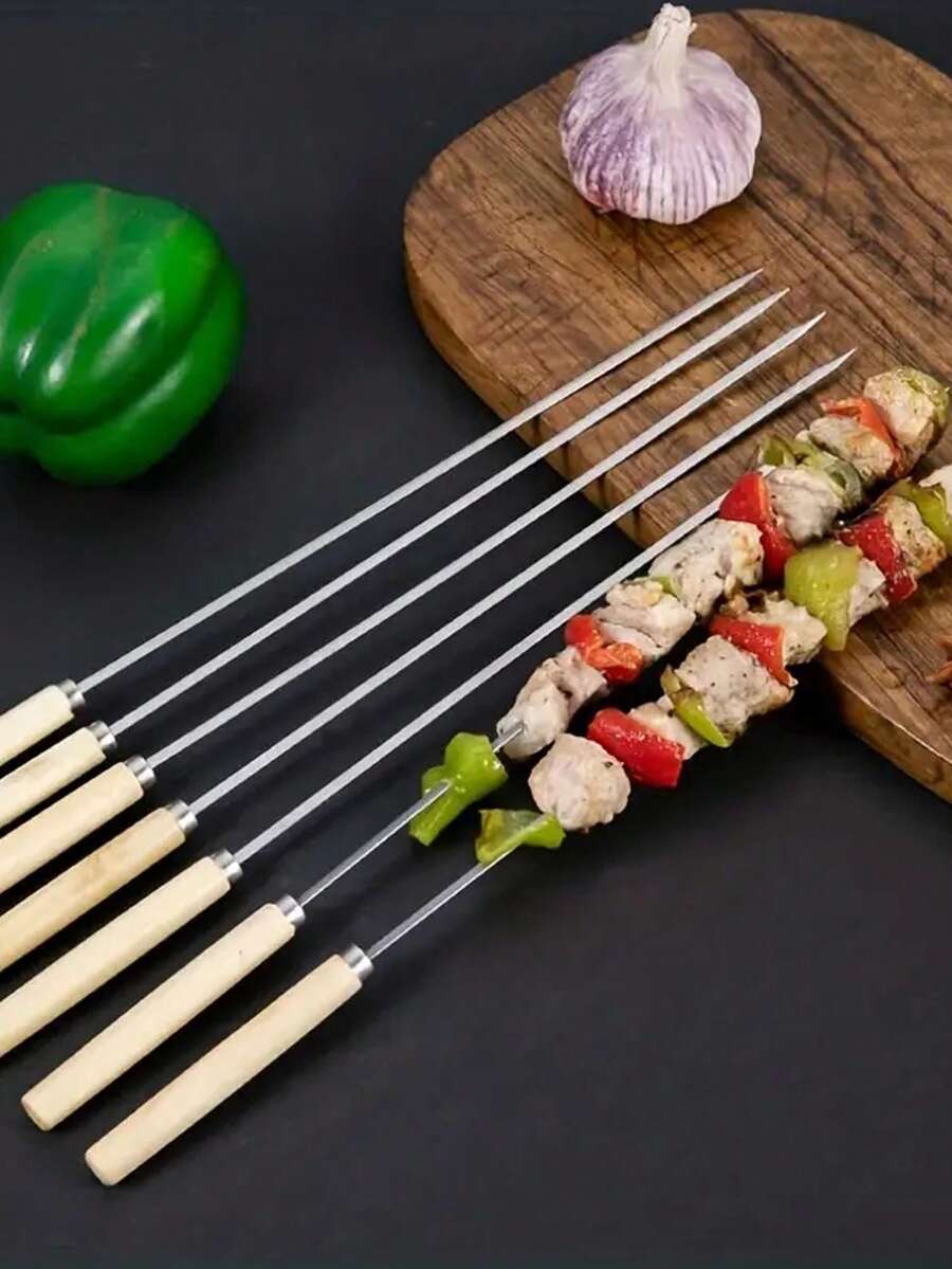 10入組不銹鋼燒烤木柄烤肉針，商用烤肉針適用於羊肉和其他肉類，BBQ燒烤工具，野餐，露營，花園，庭院，戶外，花園裝飾，戶外裝飾。 - 銀色 - 查看 1