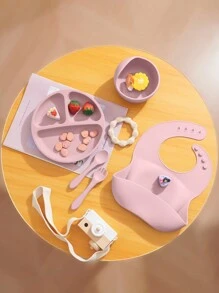 PopLittleOne 5PCS Baby Silicone Tableware Sets Adjustable Bib Suction Plate Bowl Soft Spoon Fork Non-Slip Food Storage Feeding Training Dinner Set - Pink - View 7