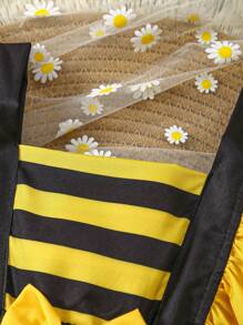 Baby Girl Ruffle Strap Bee Printed Romper Dress With Hat