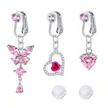 2-3pcs Pink Fake Belly Ring Clip On Belly Button Rings Stainless Steel Fake Earrings Diamond Dangle Non Piercing Belly Piercing Jewelry With Pain Relieving Silicone Pads