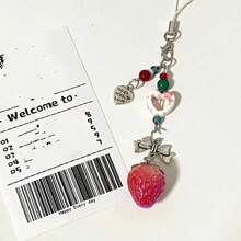 草莓手機掛件綠帽版，甜美治癒吊墜帶蝴蝶結，可愛飾品放卡、書籍、鑰匙圈裝飾 - 紅色草莓愛心掛繩 - 查看 1
