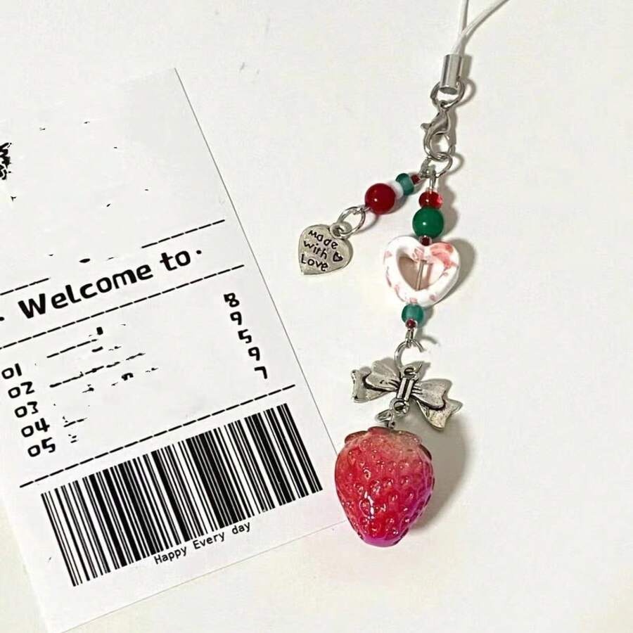 草莓手機掛件綠帽版，甜美治癒吊墜帶蝴蝶結，可愛飾品放卡、書籍、鑰匙圈裝飾 - 紅色草莓愛心掛繩 - 查看 1