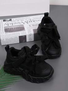 儿童春季时尚厚底运动鞋，网眼设计和蝴蝶结细节，透气轻便防滑户外休闲运动鞋，适合宝宝 - 黑色 - 查看 4