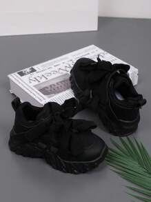 儿童春季时尚厚底运动鞋，网眼设计和蝴蝶结细节，透气轻便防滑户外休闲运动鞋，适合宝宝 - 黑色 - 查看 7