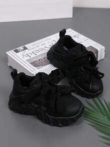 儿童春季时尚厚底运动鞋，网眼设计和蝴蝶结细节，透气轻便防滑户外休闲运动鞋，适合宝宝 - 黑色 - 查看 6