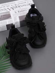 儿童春季时尚厚底运动鞋，网眼设计和蝴蝶结细节，透气轻便防滑户外休闲运动鞋，适合宝宝 - 黑色 - 查看 3