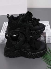 儿童春季时尚厚底运动鞋，网眼设计和蝴蝶结细节，透气轻便防滑户外休闲运动鞋，适合宝宝 - 黑色 - 查看 8