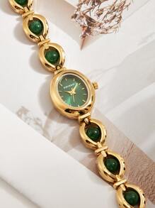 1 pieza Reloj de pulsera de lujo para damas de color verde pavo real vintage, adecuado para regalos de vacaciones y uso en fiestas - Dorado - Ver 4
