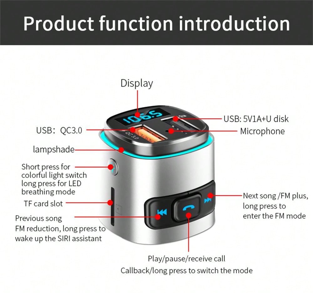 Bluetooth Lossless Music & Seven-Color Light Car Charger Intelligent Quick Charge_voghion.com