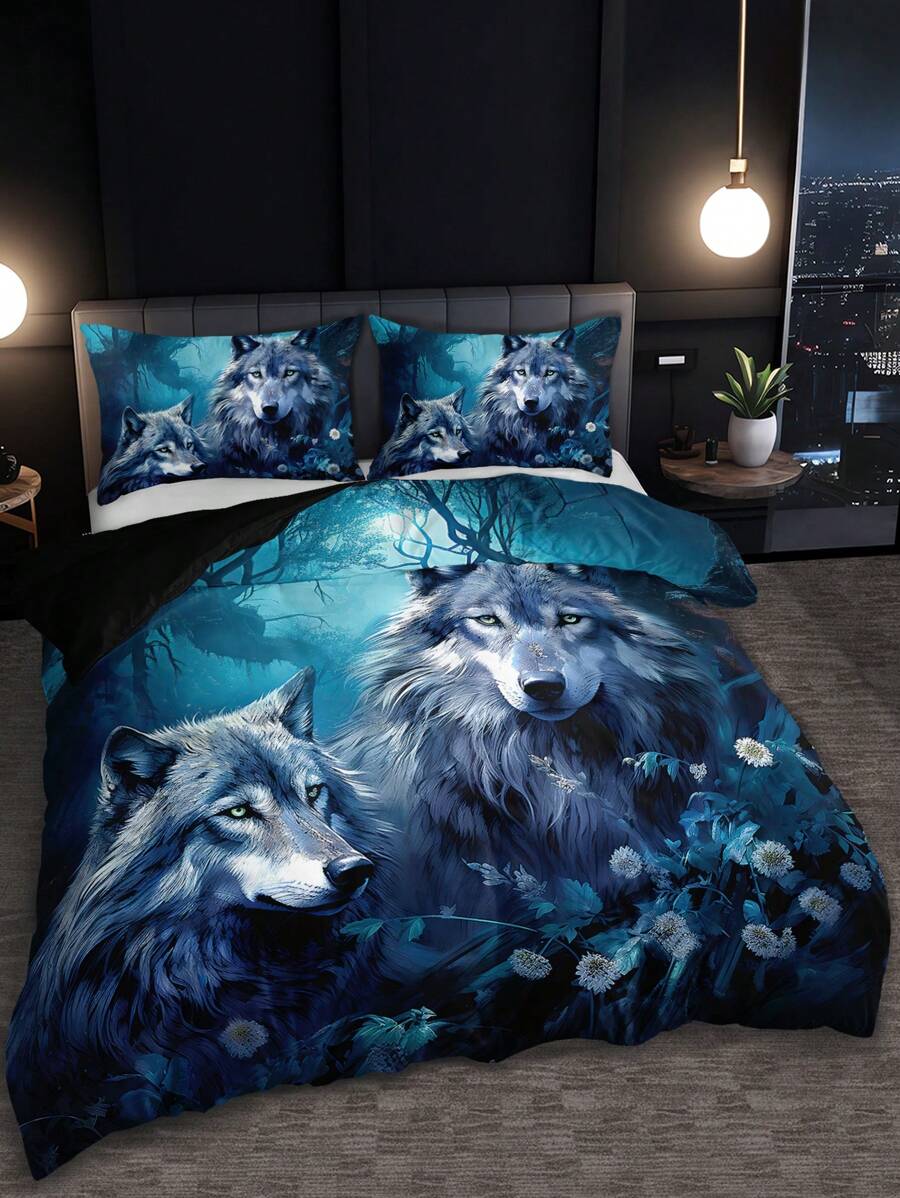 3pcs Wolf Animal Print Bedding Set (1 Duvet Cover Without Comforter Insert + 2 Pillowcases Without Pillow Insert), High-Definition Print, Suitable For Home And Dorm Use - Multicolor - View 1