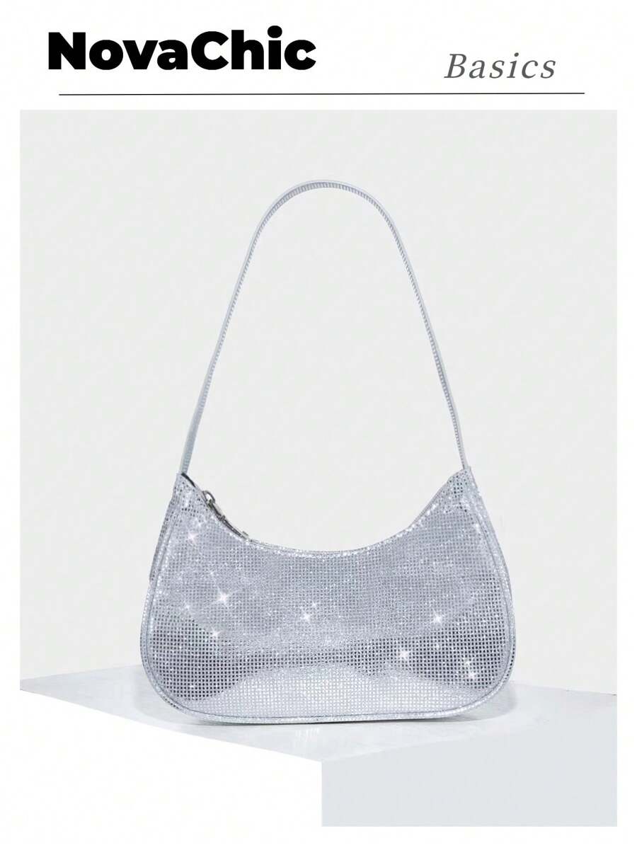 Y2K, Steampunk,Funky,Gothic Style,Spooky StyleSequin,Luxury,Shiny Evening Bag,Dinner Bag Glamorous,Elegant,Exquisite,Quiet Luxury Glitter Detail Hobo Bag Rhinestone For Party Girl,Woman,Bride Perfect For Party,Dinner/Banquet,For Outdoors, Travel, Outings,Shopping, Holiday, Beach,Vacationsuitable For Matching With Black Dress,Formal Dresses,Sexy Dress, Evening Gown,Prom Dress - Silver - View 1