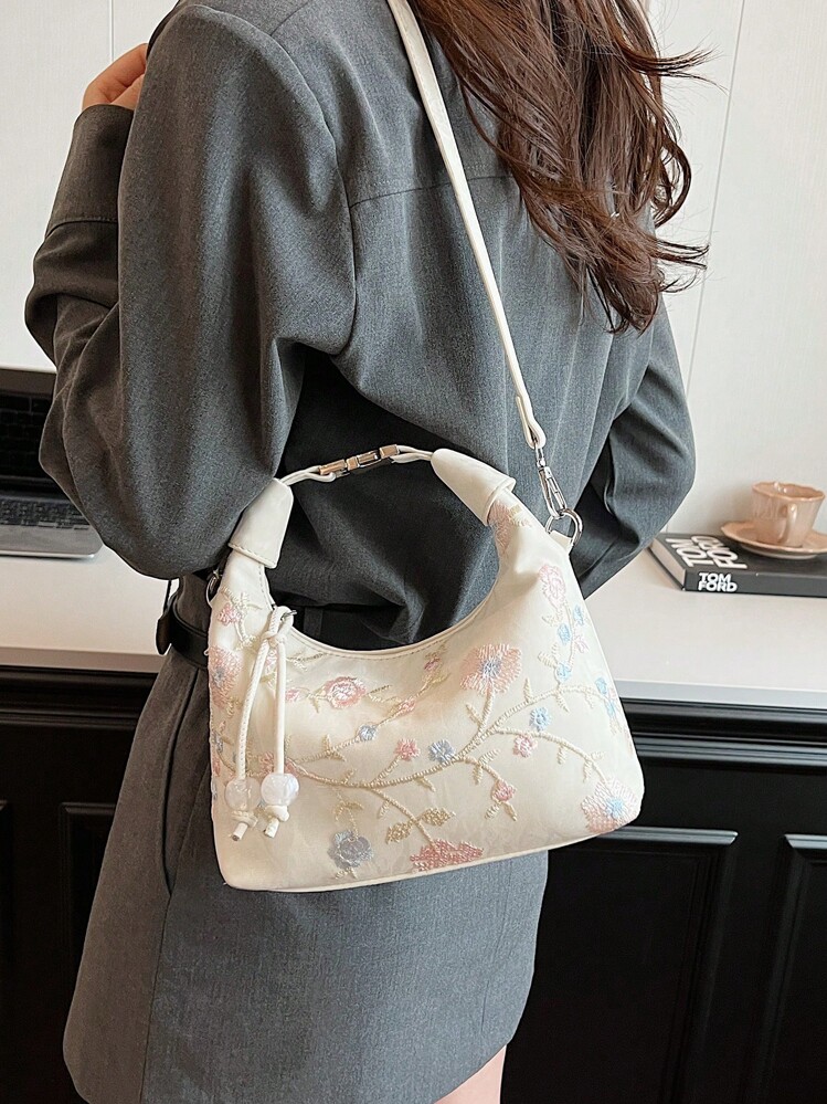 Simple And Elegant Botanical Flower Portable Handbag For Women, Fashionable And Versatile (Random Print) - Beige - View 2