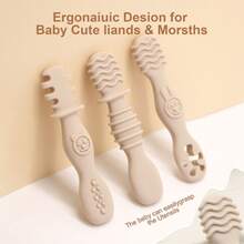 3pcs Baby Feeding Spoon, First Stage Spoon, Silicone, Training Spoon For Babies 6 Months And Above, Baby Spoon, Easy-Grip Tableware, Dishwasher Friendly, Boil-Proof, Green, Cream Color - Beige - View 5