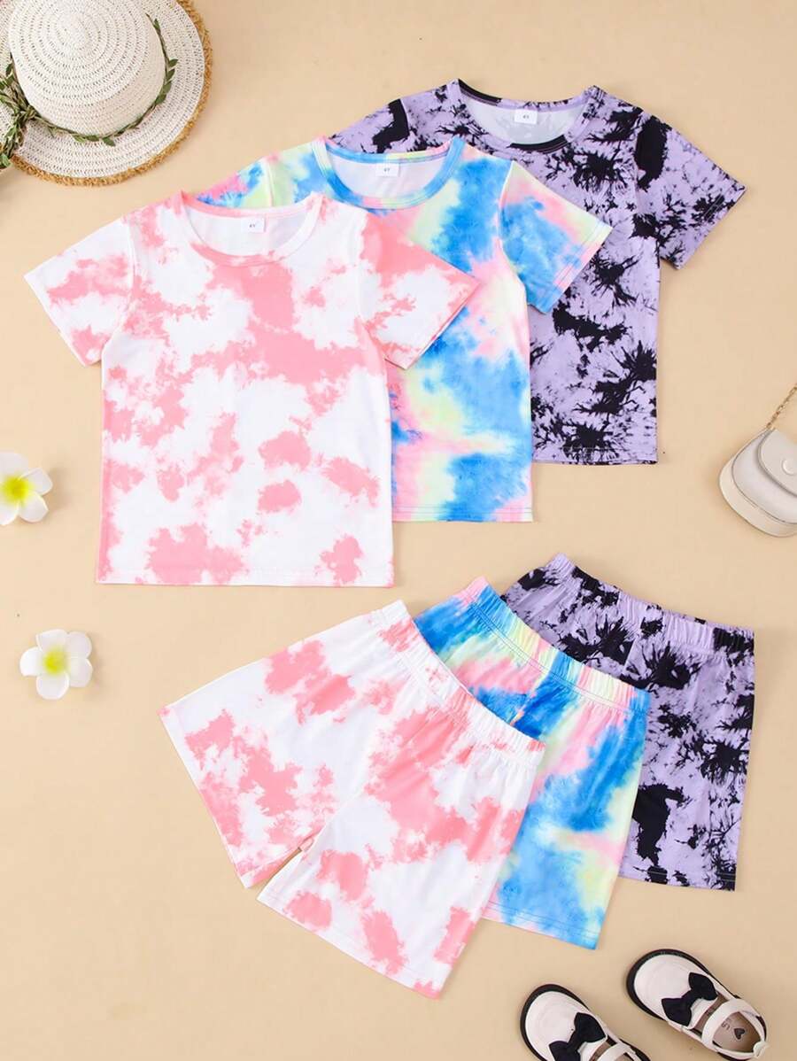 6入組年輕女孩休閒水染短袖T恤和短褲套裝，夏季穿著