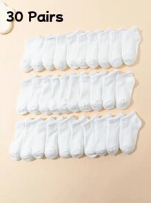 30雙兒童/大童純色條紋休閒舒適百搭短襪 學生襪 - 白色 - 查看 1