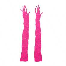 1只長款性感網眼手套，帶有彈性和鑽石，適用於宴會、派對、歌劇、角色扮演、EDM、萬聖節、桿舞和舞蹈表演 - 玫紅色 - 查看 4