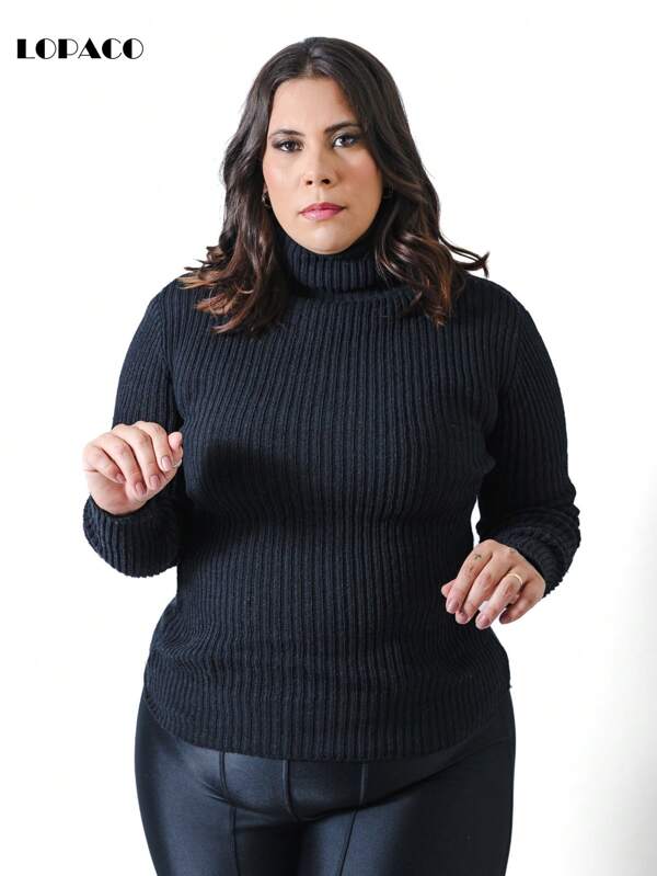 Blusa Cacharrel PLUS SIZE feminina Gola alta tricot e manga longa