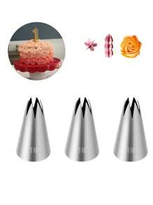 3Pcs 1M#2F#2D# Stainless Steel Icing Piping Nozzles, Rose Flower Pastry Nozzles For Cakes Fondant Decorations Cookie Cupcake Dessert Cream Nozzles - Silver - View 15