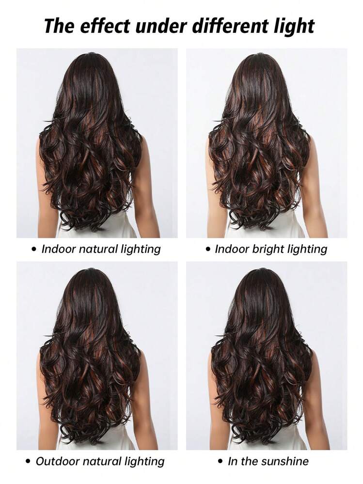 Pelucas sintéticas con ondas naturales para mujer de 26 pulgadas de largo en tono castaño con destellos rubios, con apariencia natural para llevar a diario en la escuela, el Día de la Madre, etc. Con partición central - Resaltar marrón - Añade 8
