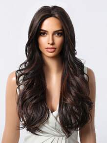 TOPSHE 26 Inch Brown Highlight Blonde Long Body Natural Wave Synthetic Wig For Women Middle Part Natural Looking Wig For Girl Daily School Mother Day Wear Use - Brown Highlight - View 2