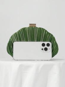 Pleated Satin Box Clutch For Evening Party, Prom, Formal Occasions With Chain Strap, Wedding Bag - Green - View 6