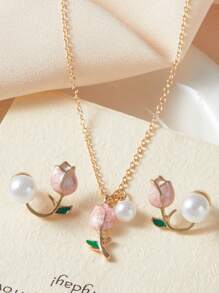 Conjunto de 3 piezas de joyería de moda para mujeres y niñas, con collar con colgante de flor de tulipán, pendientes y collar de perlas falsas de cadena choker para fiesta y regalo - traje - Ver 1
