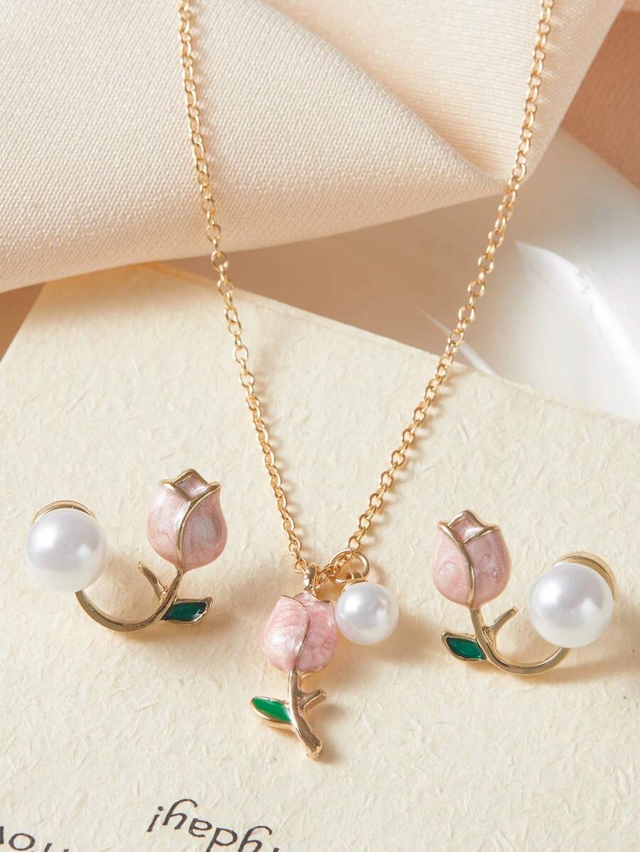 Conjunto de 3 piezas de joyería de moda para mujeres y niñas, con collar con colgante de flor de tulipán, pendientes y collar de perlas falsas de cadena choker para fiesta y regalo - traje - Ver 1