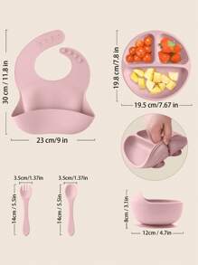 PopLittleOne 5PCS Baby Silicone Tableware Sets Adjustable Bib Suction Plate Bowl Soft Spoon Fork Non-Slip Food Storage Feeding Training Dinner Set - Pink - View 10