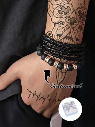 10mm Natural Stone Beads Bracelet For Men, Customized With Stainless Steel Name Bead, Can Engrave Family Surname, Father's Day Gift