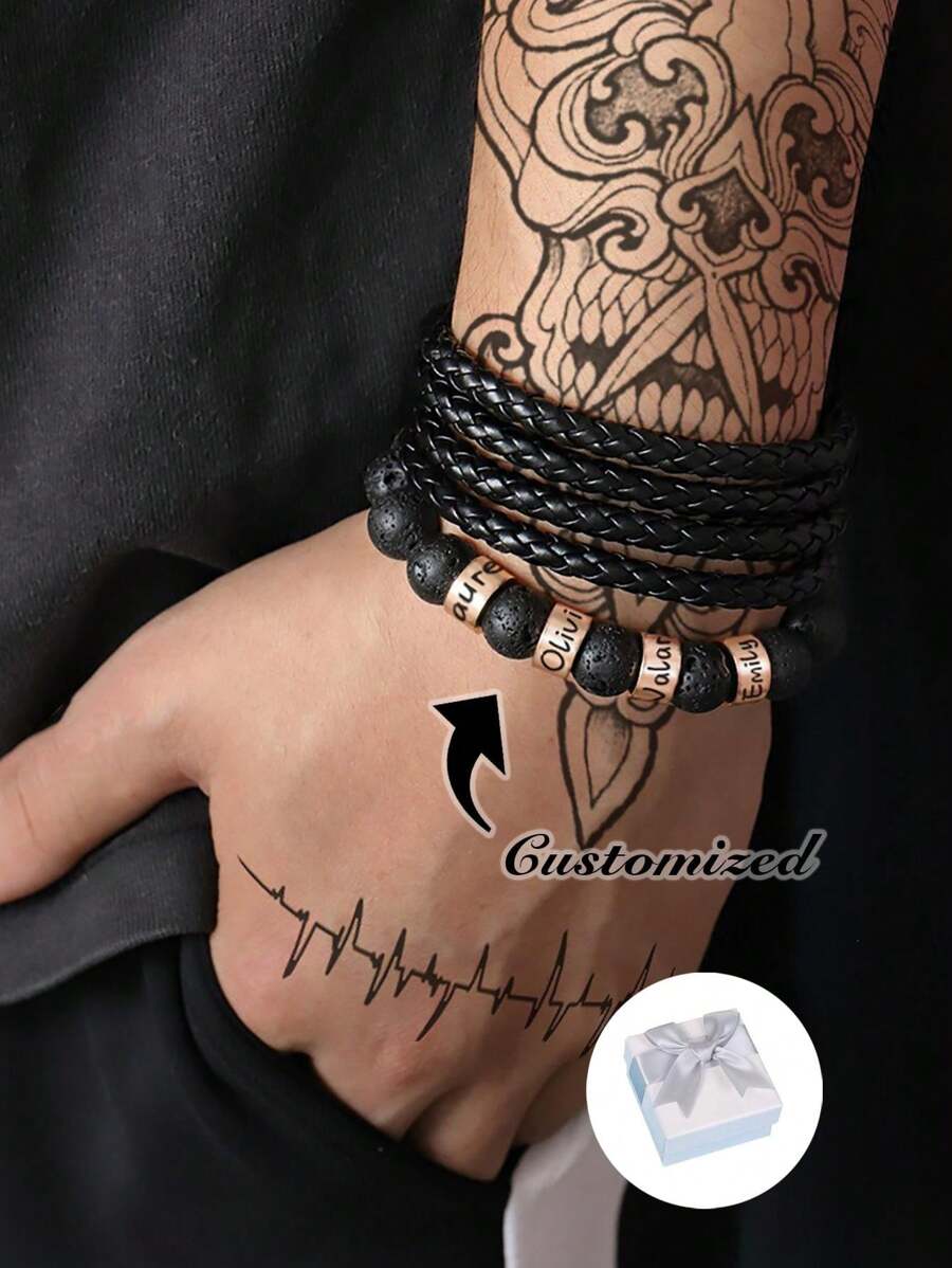 10mm Natural Stone Beads Bracelet For Men, Customized With Stainless Steel Name Bead, Can Engrave Family Surname, Father's Day Gift - Lava - View 1