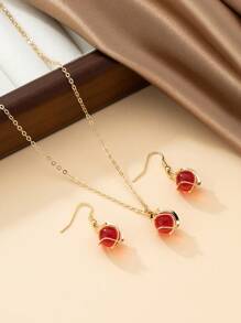 Conjunto de Colar e Brincos de Bola de Vidro Vermelho Vinho Doce de Moda para Mulheres