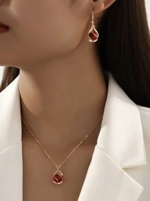 Conjunto de Colar e Brincos de Bola de Vidro Vermelho Vinho Doce de Moda para Mulheres
