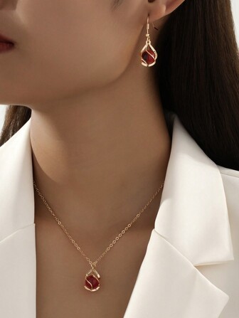 1set Fashionable Sweet Wine Red Glass Ball Earrings & Necklace Set For Women