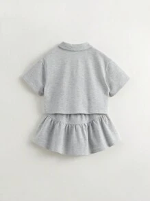 MARC&JANIE 2pcs Young Girl Campus Style Quick-Dry Contrast-Color Letter Polo Collar Short Sleeve T-Shirt And Skirt Set, Summer - Grey - View 2