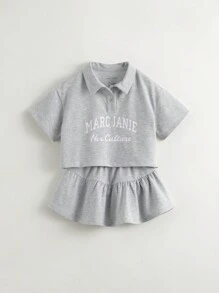 MARC&JANIE 2pcs Young Girl Campus Style Quick-Dry Contrast-Color Letter Polo Collar Short Sleeve T-Shirt And Skirt Set, Summer - Grey - View 1