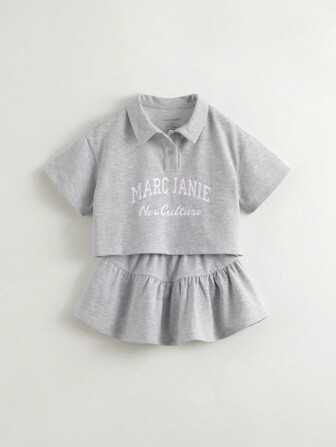 MARC&JANIE 2pcs Young Girl Campus Style Quick-Dry Contrast-Color Letter Polo Collar Short Sleeve T-Shirt And Skirt Set, Summer