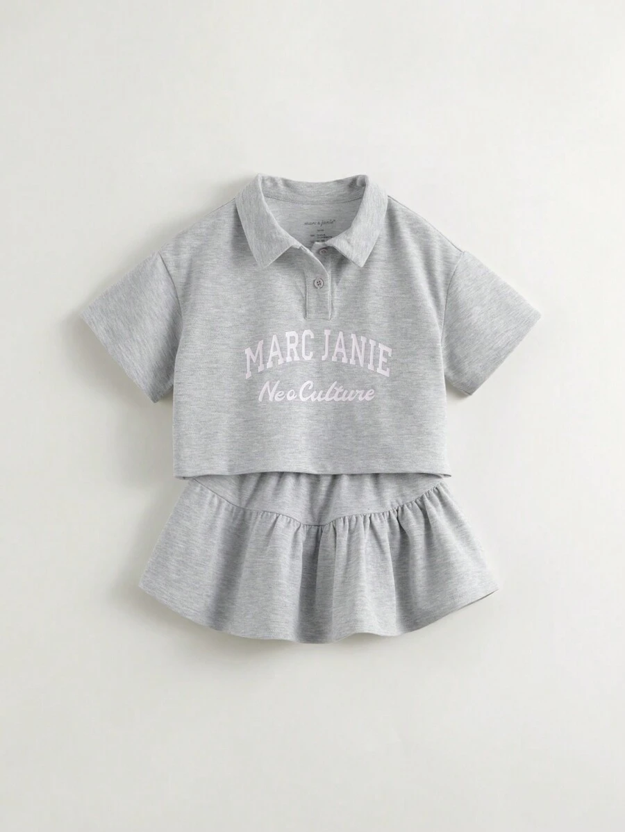MARC&JANIE 2pcs Young Girl Campus Style Quick-Dry Contrast-Color Letter Polo Collar Short Sleeve T-Shirt And Skirt Set, Summer - Grey - View 1