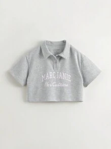 MARC&JANIE 2pcs Young Girl Campus Style Quick-Dry Contrast-Color Letter Polo Collar Short Sleeve T-Shirt And Skirt Set, Summer - Grey - View 3