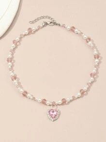 1st kinderketting met strass-hart en roze kristal-imitatieparel kralen