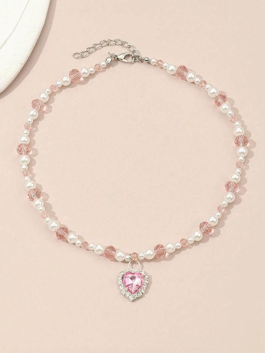 1st kinderketting met strass-hart en roze kristal-imitatieparel kralen