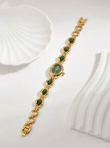 1 pieza Reloj de pulsera de lujo para damas de color verde pavo real vintage, adecuado para regalos de vacaciones y uso en fiestas - Dorado - Ver 3