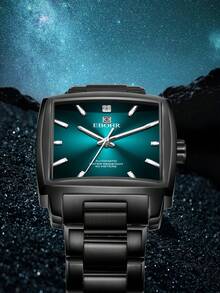 男士方形不锈钢自动机械表，工业风格，个性化夜光刻度 - 軍綠色 - 查看 3