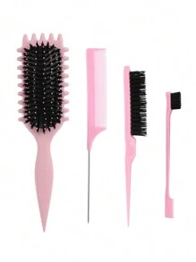4pcs Curly Hairbrush Set With Edge Brush, Rat Tail Comb And Bristle Brush For Women/Men/Kids, Suitable For All Hair Types Black Pink Purple,Hair Brush,Comb,Hair Tools,Hair Products And Accessories For Barber Salon Beauty Travel Essentials