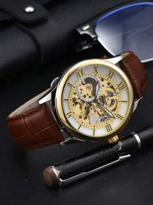 LONGLUX 1 件男士镂空自动机械表，防水皮革表带，罗马数字显示，馈赠佳品