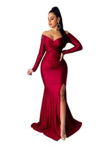 Vestido Elegante Con Escote En V Y Manga Larga Para Mujer - Rojo - Ver 1