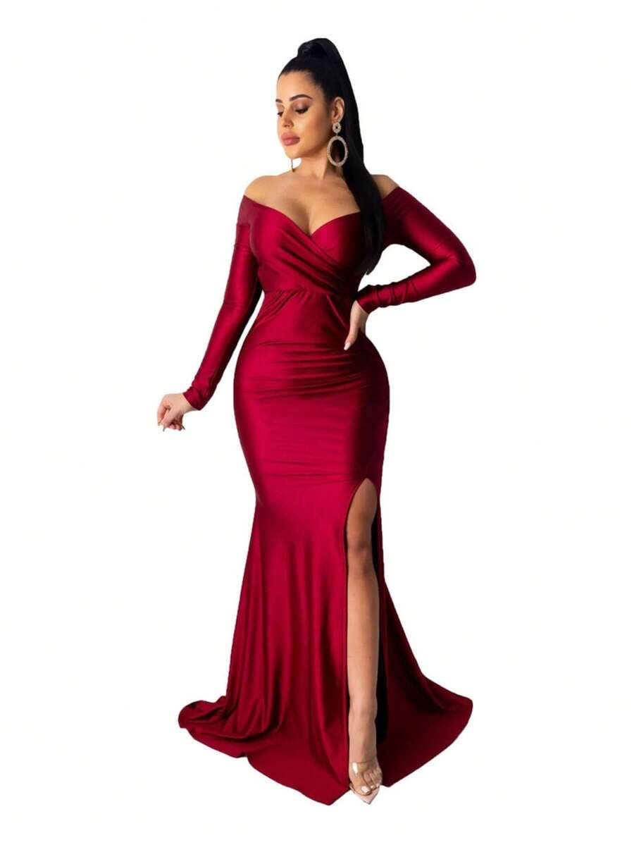 Vestido Elegante Con Escote En V Y Manga Larga Para Mujer - Rojo - Ver 1