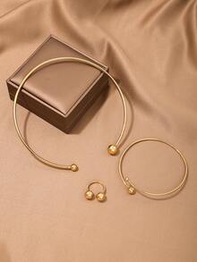 1入時尚極簡領型項鍊，環形手鐲戒指套裝，適用於女性日常穿戴和服裝搭配珠寶 - 金黃色 - 查看 6