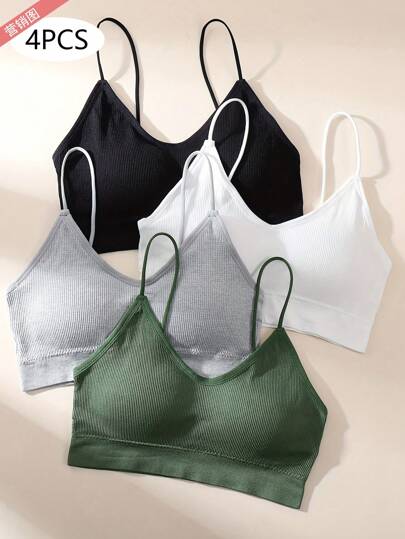 4 piezas Sujetador camiseta de punto acanalado de unicolor, lencería