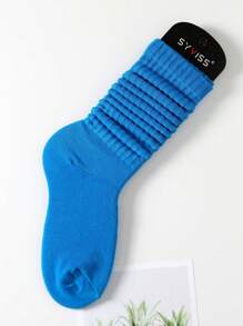 1pair Women's Spring/Summer Korean Style Cute Pile Socks, College/Lolita/Simple/Sporty Style Solid Over Knee High Socks (Without Sock Board), Fall - Blue - View 6